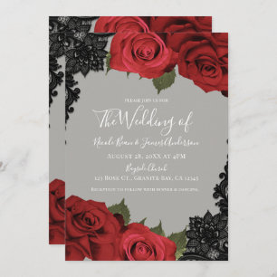Rote Rosen & Black Lace Gray Chic Wedding Einladung