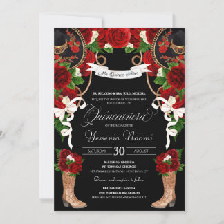 Rote Rosen & Black Mariachi/Charro Quinceanera Einladung