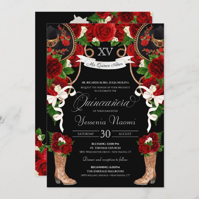 Rote Rosen & Black Mariachi Vaquera Quinceanera Einladung (Vorne/Hinten)