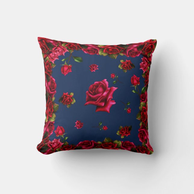 Rote Rosen Blaues Shabby Chic Blumenglam Kissen (Vorderseite)