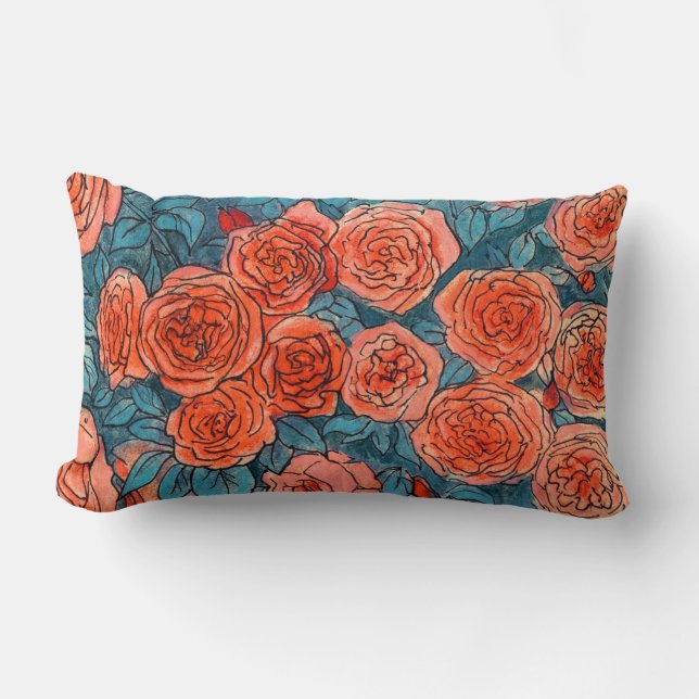 Rote Rosen, Blue Blätter Rose Garden Sommer Blume Lendenkissen (Vorderseite)