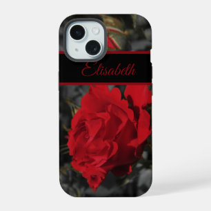 rote Rosen blühen Schriftrolle auf dunkelgrau iPhone 15 Hülle