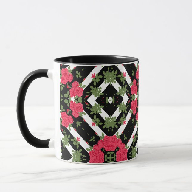 Rote Rosen Blume Schwarz-weiß bloral kaleidoskopis Tasse (Links)