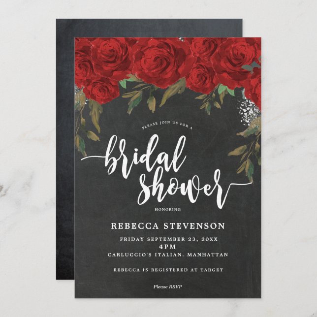 rote Rosen Blumendusche Einladung Kreide (Vorne/Hinten)