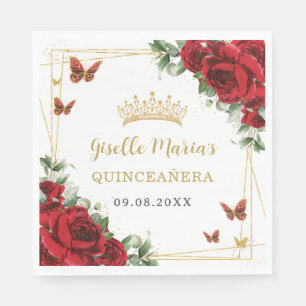 Rote Rosen Blumengoldschmetterlinge Quinceañera Serviette