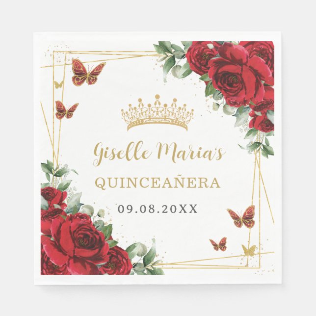 Rote Rosen Blumengoldschmetterlinge Quinceañera Serviette (Vorderseite)