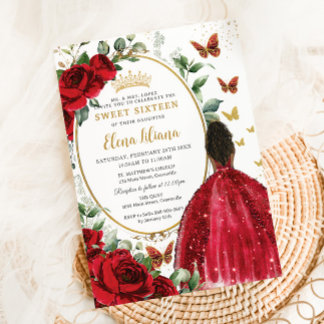 Rote Rosen Blumenkleid Gold Quinceñera Sweet 16 Einladung