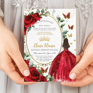 Rote Rosen Blumenkleid Quinceañera Dama Request Einladung