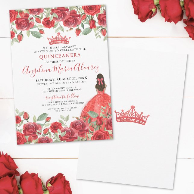 Rote Rosen Blumenkohl Einladung (Red Roses Floral Quinceanera Invitation)