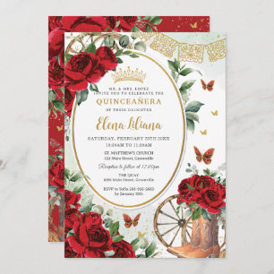 Rote Rosen Blumenkohl Stiefel Quinceañera Süß 16 Einladung