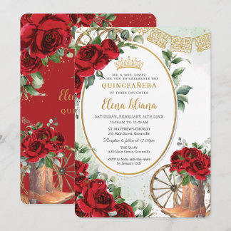 Rote Rosen Blumenkohl Stiefel Quinceañera Süß 16 Einladung