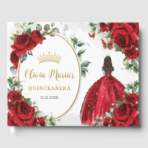 Rote Rosen BlumenPrinzessin Dress Gold Quinceanera Gästebuch