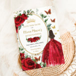 Rote Rosen BlumenPrinzessin Dress Gold Quinceñera Save The Date<br><div class="desc">Personalisieren Sie diesen hübschen roten Blumenstrauß Quinceañera / Sweet 16 Geburtstag Save the Date einfach und schnell. Klicken Sie einfach auf die Schaltfläche "Weitere Einstellungen", um die Texte zu bearbeiten, Schriftart und Schriftart zu ändern. Mit einem Mädchen in einem schönen glitzernden roten Ball, lebendigen rote Rosen, Schmetterlinge und einem vergoldeten...</div>