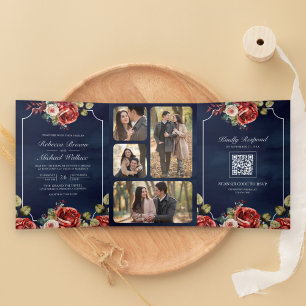 Rote Rosen Blumenrahmen Navy Blau QR-Code Hochzeit Dreifach Gefaltete Einladung