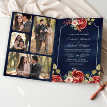 Rote Rosen Blumenrahmen Navy Blau QR-Code Hochzeit