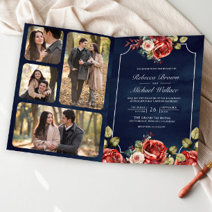 Rote Rosen Blumenrahmen Navy Blau QR-Code Hochzeit Einladung
