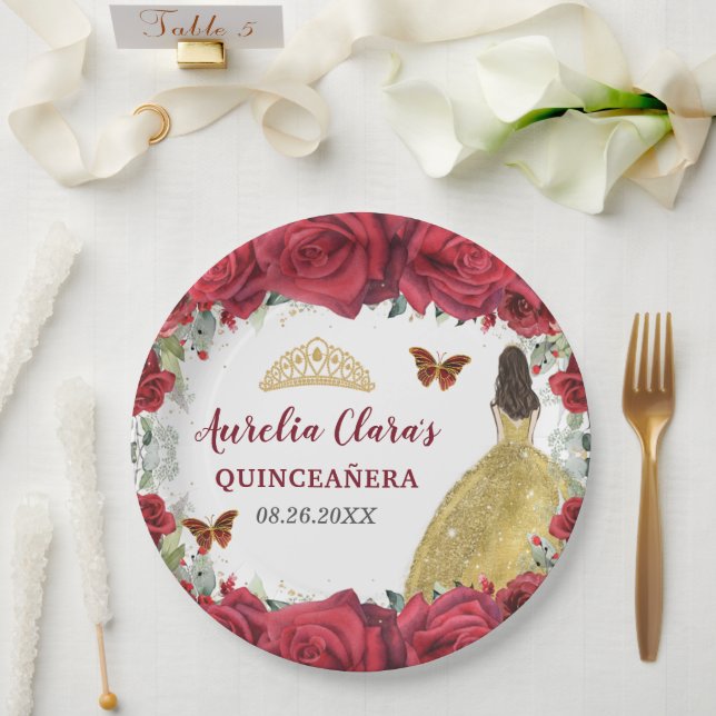 Rote Rosen Blumenschmetterlinge Prinzessin Gelbes  Pappteller (Hochzeit)