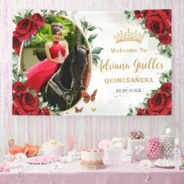 Rote Rosen Blumenschmetterlinge Quinceañera Foto Banner