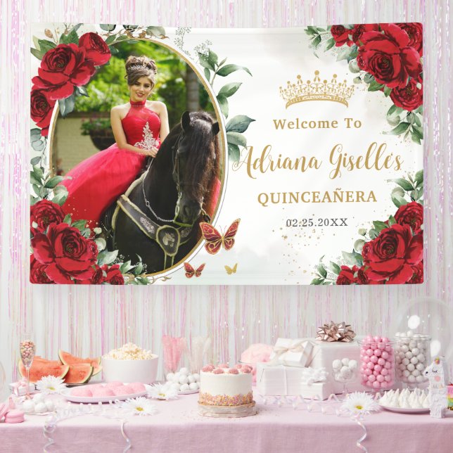 Rote Rosen Blumenschmetterlinge Quinceañera Foto Banner (Party)