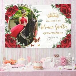 Rote Rosen Blumenschmetterlinge Quinceañera Foto Banner
