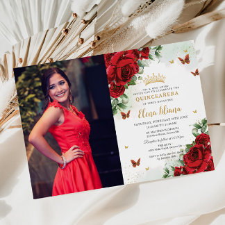 Rote Rosen Blumenschmetterlinge Quinceañera Süß 16 Einladung
