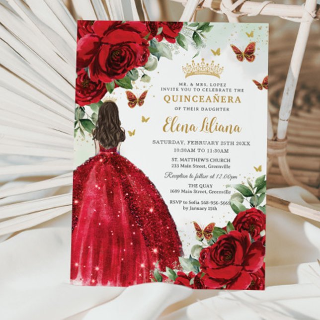 Rote Rosen Blumenschmetterlinge Quinceañera Süß 16 Einladung (Von Creator hochgeladen)
