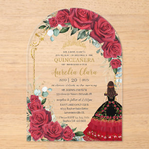 Rote Rosen Blumenschwarzer Charro Quinceañera Arch Acryleinladungen