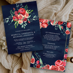 Rote Rosen Blumenstrauß Alles in Einem Navy Hochze Einladung