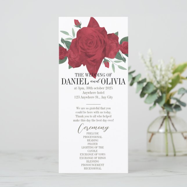Rote Rosen Boho Hochzeitsprogramme (Stehend Vorderseite)