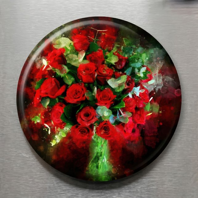 Rote Rosen Bouquet Blume Aquarell - bb Magnet (Red Roses Bouquet Watercolor on Black Background. Magnet)