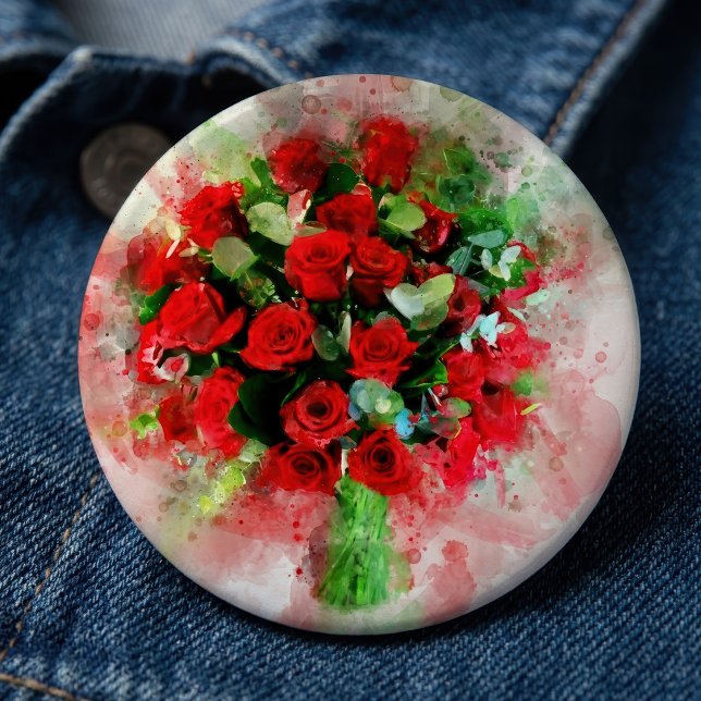 Rote Rosen Bouquet Blume Aquarell - wb Button (Red Roses Bouquet Watercolor on White Background. Button)