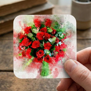Rote Rosen Bouquet Blume Aquarell - wb Quadratischer Aufkleber