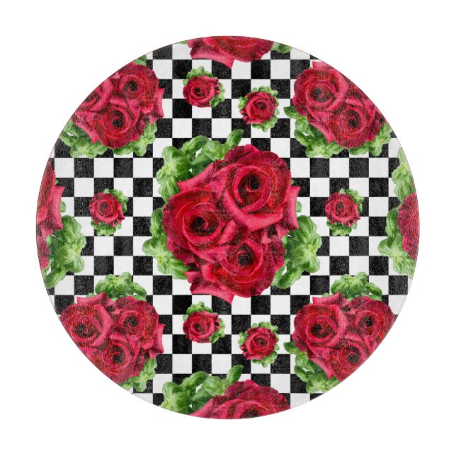 Rote Rosen Bouquet Floral Liebe Rockabilly Checker Schneidebrett (Vorderseite)