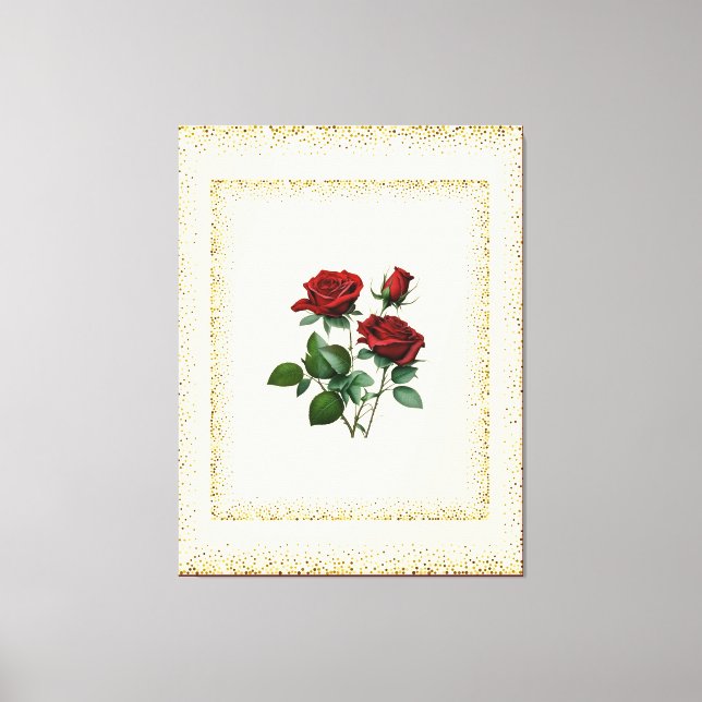 Rote Rosen Bouquet Gerahmt mit Gold Dots Leinwand (Vorderseite)