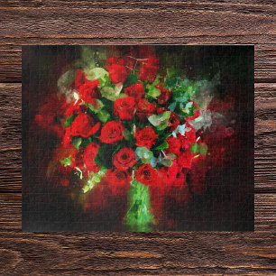 Rote Rosen Bouquet Wasserfarbe auf schwarzem Hinte Puzzle