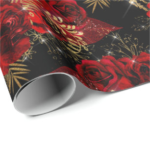 Rote Rosen Bunch Foil Floral Glitzer Gold Black6 V Geschenkpapier