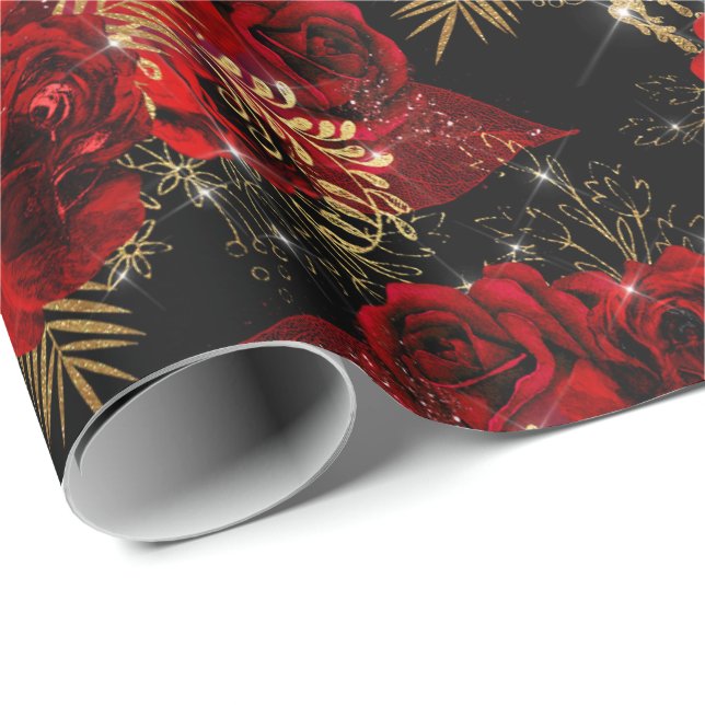Rote Rosen Bunch Foil Floral Glitzer Gold Black6 V Geschenkpapier (Rolleneckpunkt)
