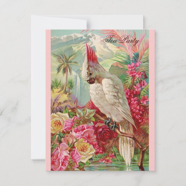 Rote Rosen & Cockatoo Vintage Kunst Einladung (Vorderseite)