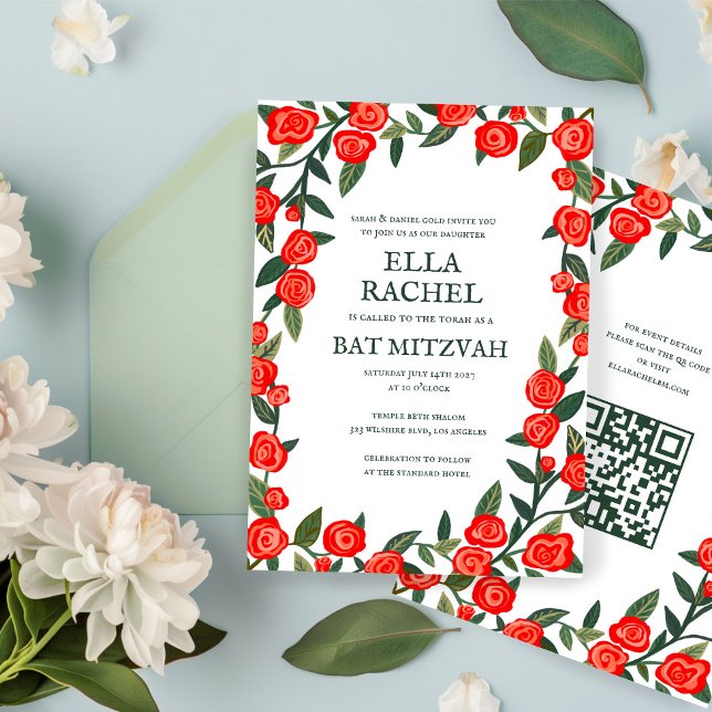 Rote Rosen Custom Bat Bar Mitzvah QR Code Girl Einladung (Red Roses Custom B'nai Bat Bar Mitzvah QR Code Girl Modern Invitation
)