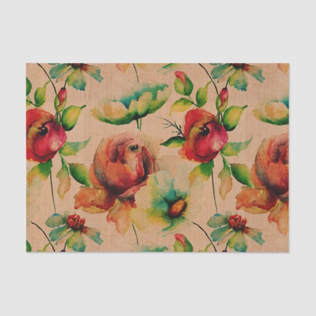 Rote Rosen der Wasserfarben auf Holz Seidenpapier (Vorderseite)