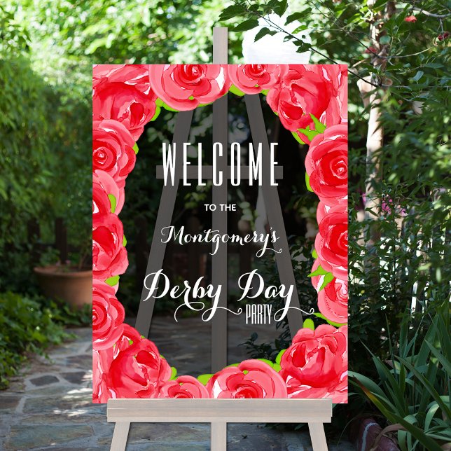 Rote Rosen Derby Party Willkommen Acrylschild (Red Roses Derby Party Smoky Acrylic Welcome Sign)
