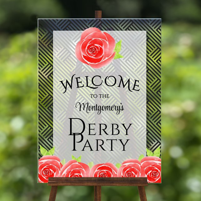 Rote Rosen Derby Party Willkommen Acrylschild (Red roses derby party acrylic welcome sign)
