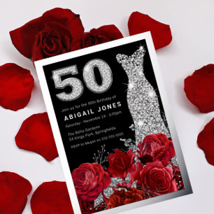 Rote Rosen Diamant Kleid 50. Geburtstag Echt Silbe Folieneinladung