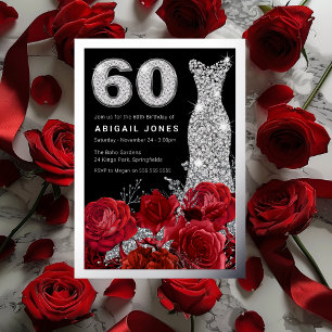 Rote Rosen Diamant Kleid 60. Geburtstag Silber Folieneinladung
