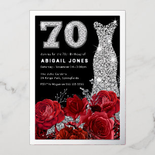 Rote Rosen Diamant Kleid 70. Geburtstag Echt Silbe Folieneinladung