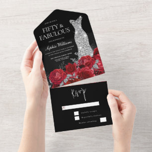 Rote Rosen Diamant Kleid Schwarz 50. Geburtstagsfe All In One Einladung