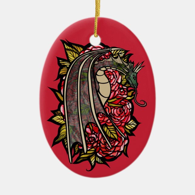 Rote Rosen Drachenkunst Keramik Ornament (Vorne)