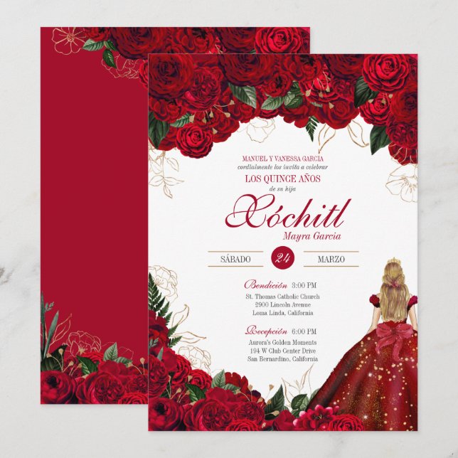 Rote Rosen Elegant Floral Schönes Quinceañera Einladung (Vorne/Hinten)
