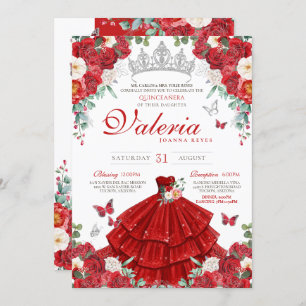 Rote Rosen Elegant Silver Butterfly Quinceañera Einladung