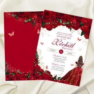 Rote Rosen Elegante Flora & Butterfly Quinceanera Einladung